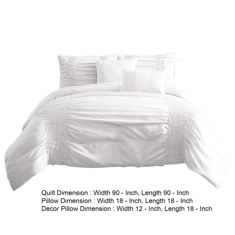 4 Piece Twin Comforter Set with Ruching Details, White