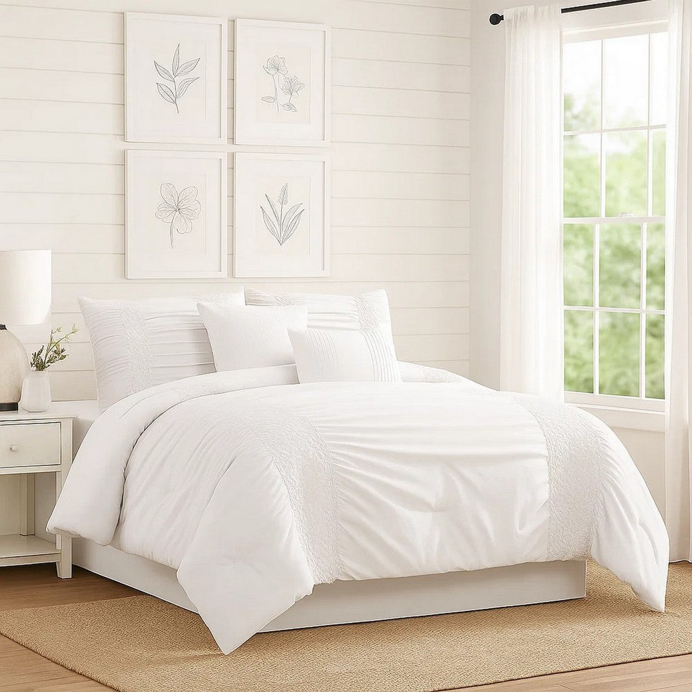 4 Piece Twin Comforter Set with Ruching Details, White