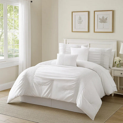 4 Piece Twin Comforter Set with Ruching Details, White