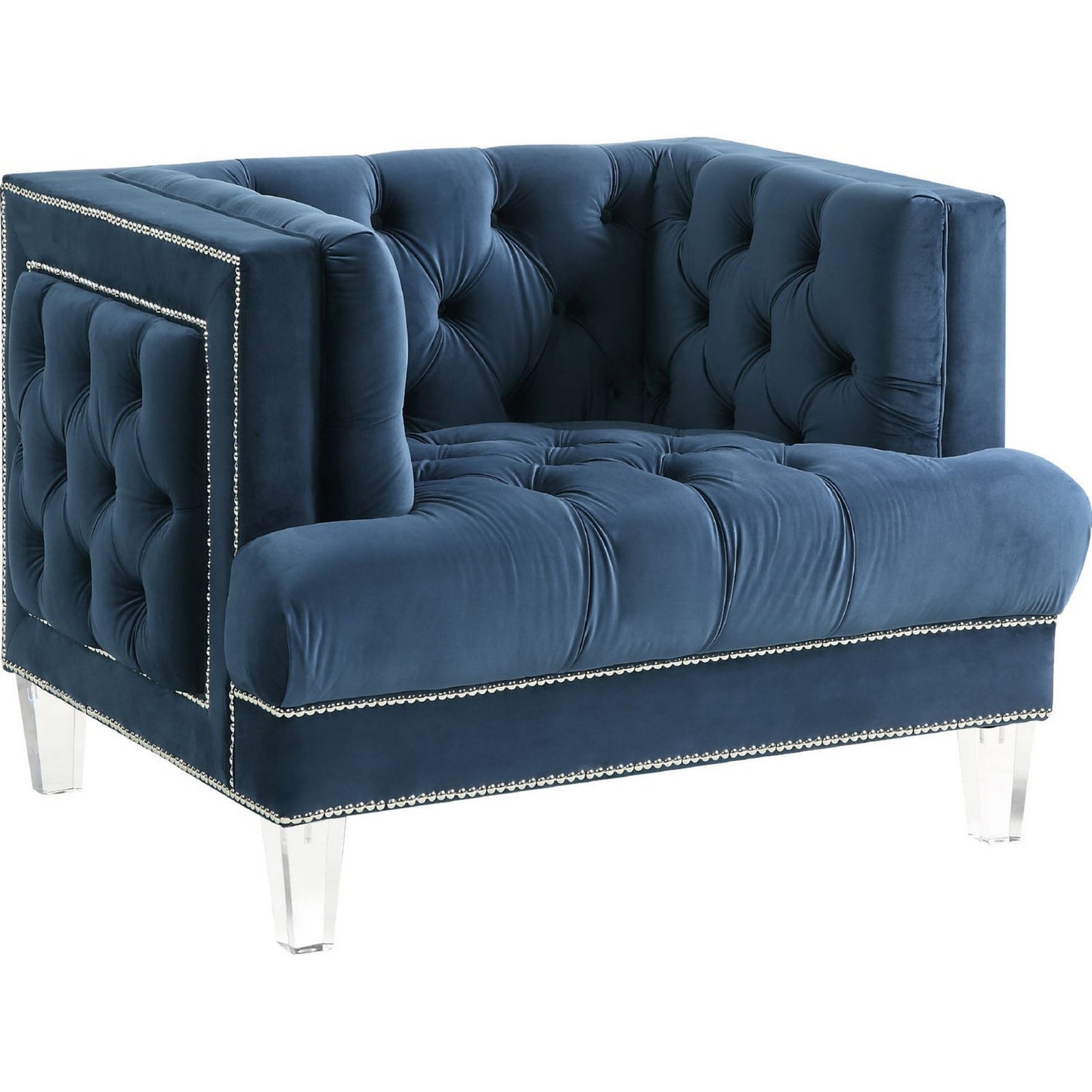 Velvet Upholstered Chair with Tufted Details and Acrylic Legs, Blue — Chic Home-Decor