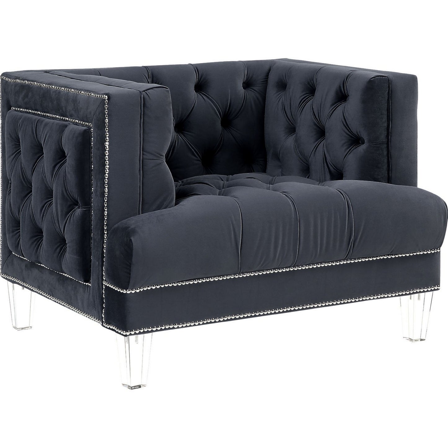 Velvet Upholstered Chair, with Tufted Details and Acrylic Legs, Black — Chic Home-Decor
