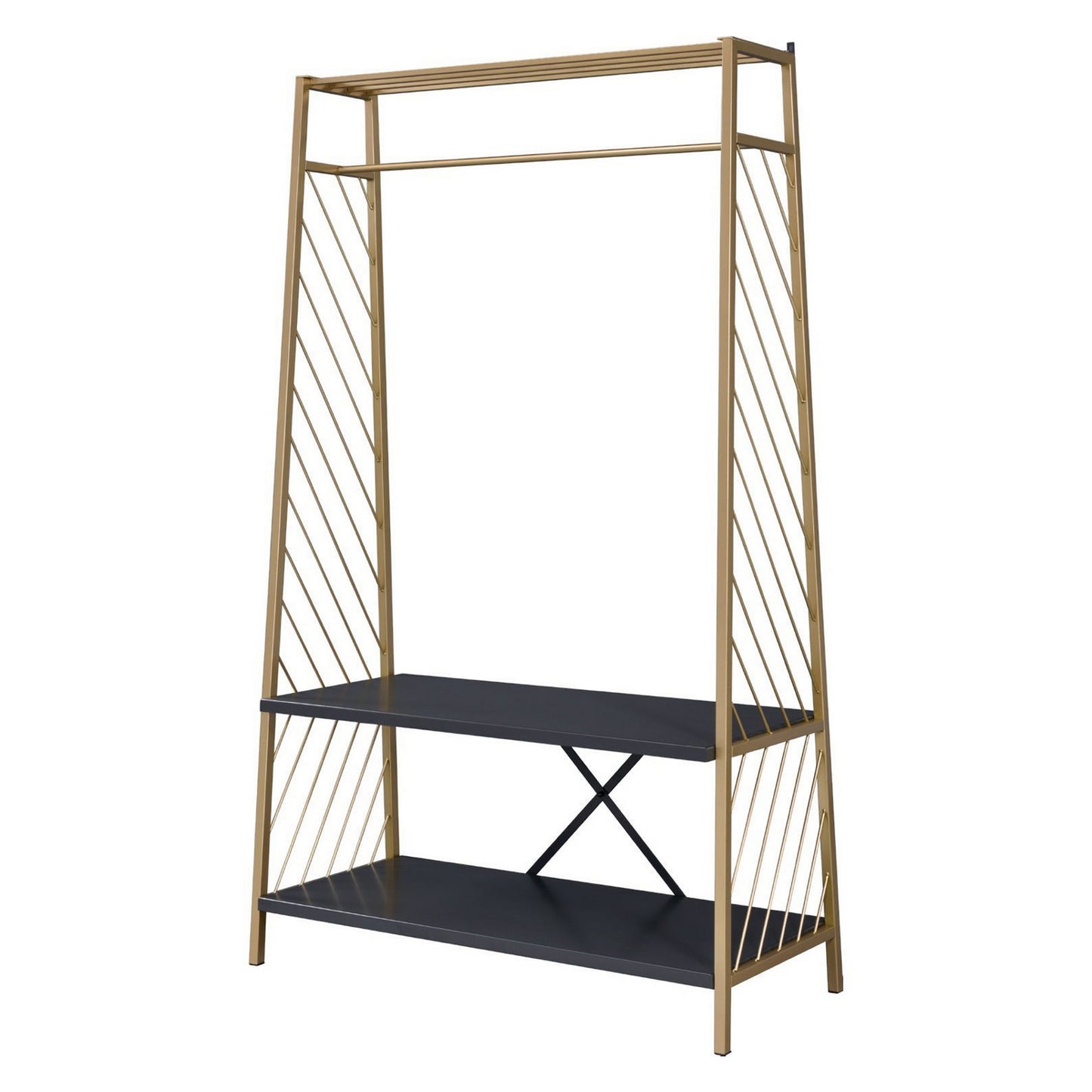 Hall Tree with 2 Shelves and X Bar Panels, Gold and Black — Chic Home-Decor