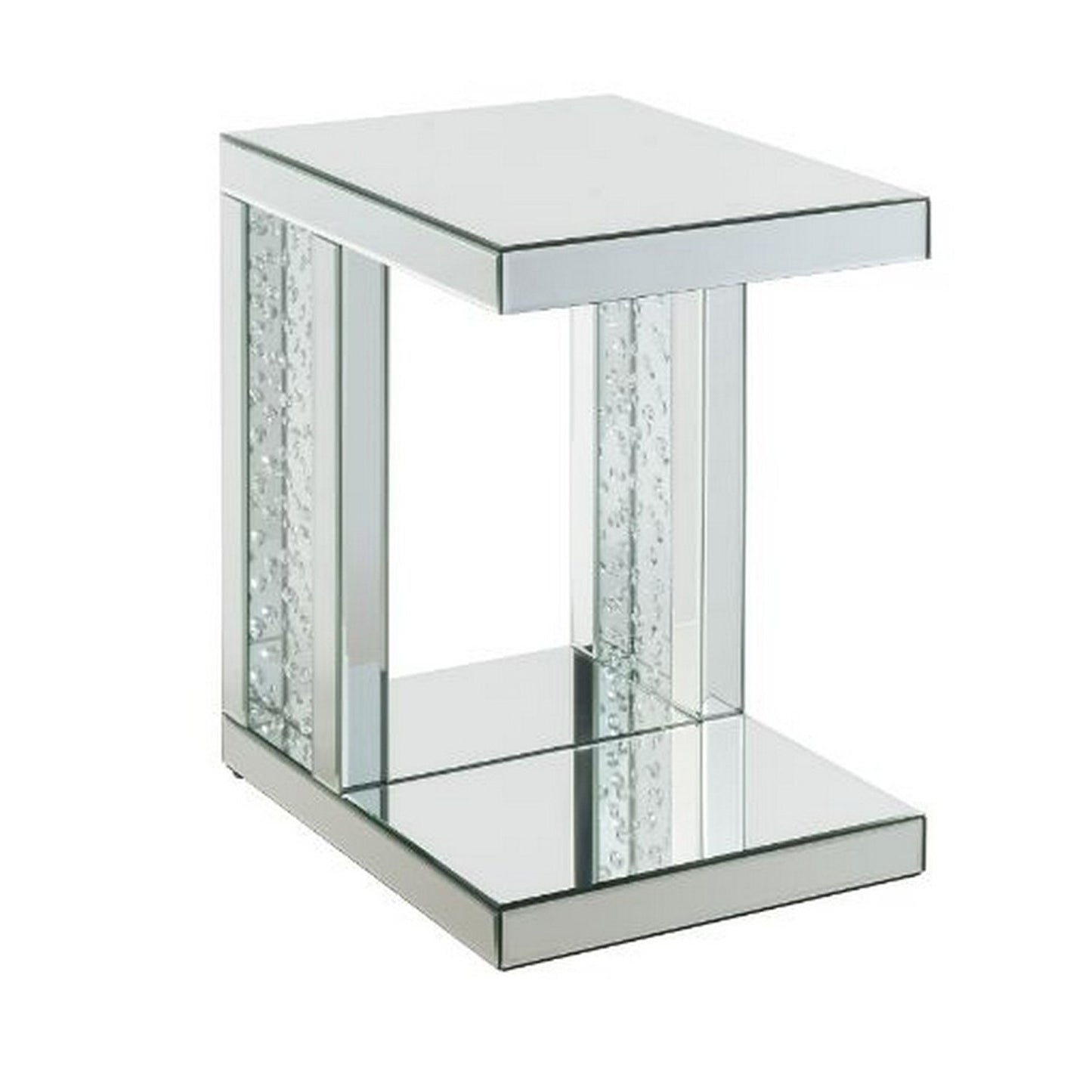Mirrored Accent Table with C Shape and Faux Crystals, Silver — Chic Home-Decor