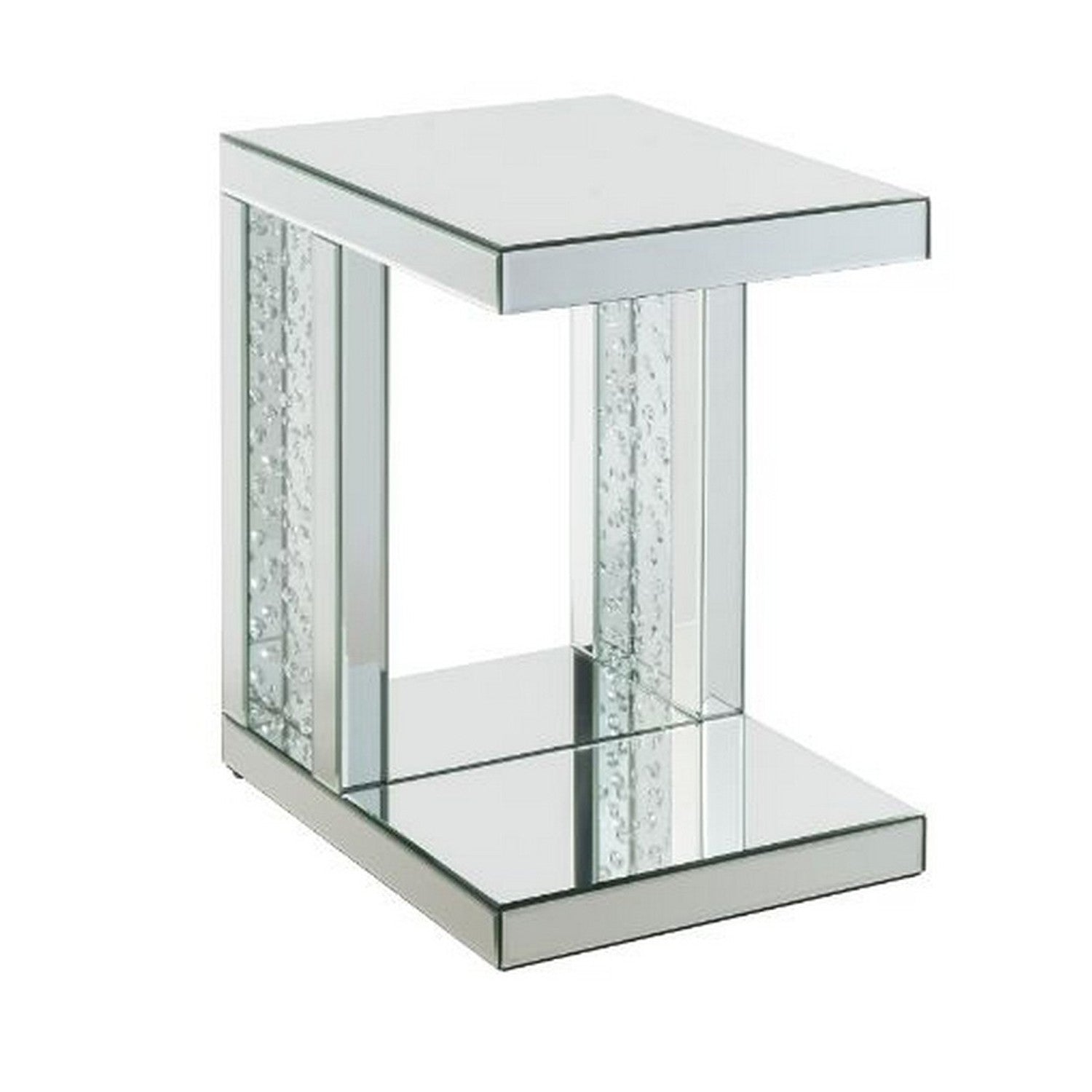 Mirrored Accent Table with C Shape and Faux Crystals, Silver — Chic Home-Decor