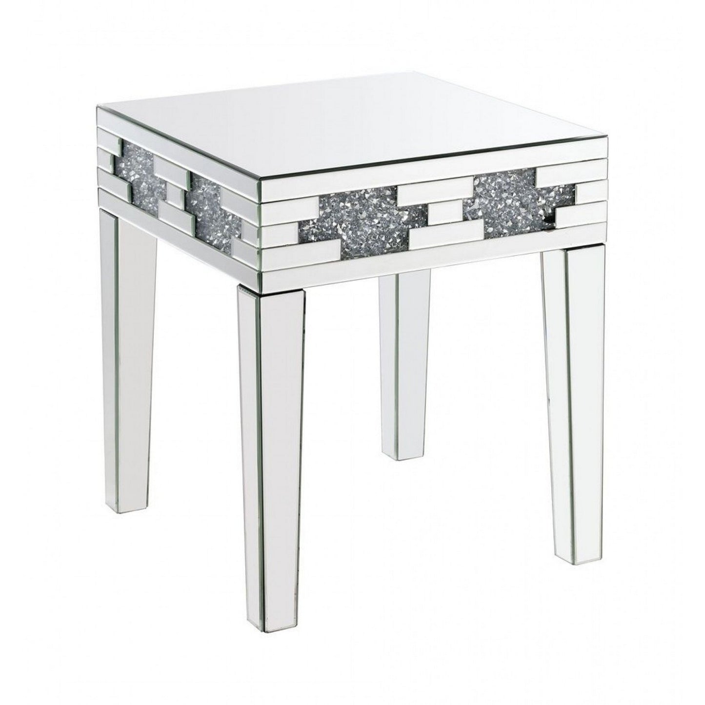 End Table with Mirror Panel Framing and Faux Diamonds, Silver — Chic Home-Decor