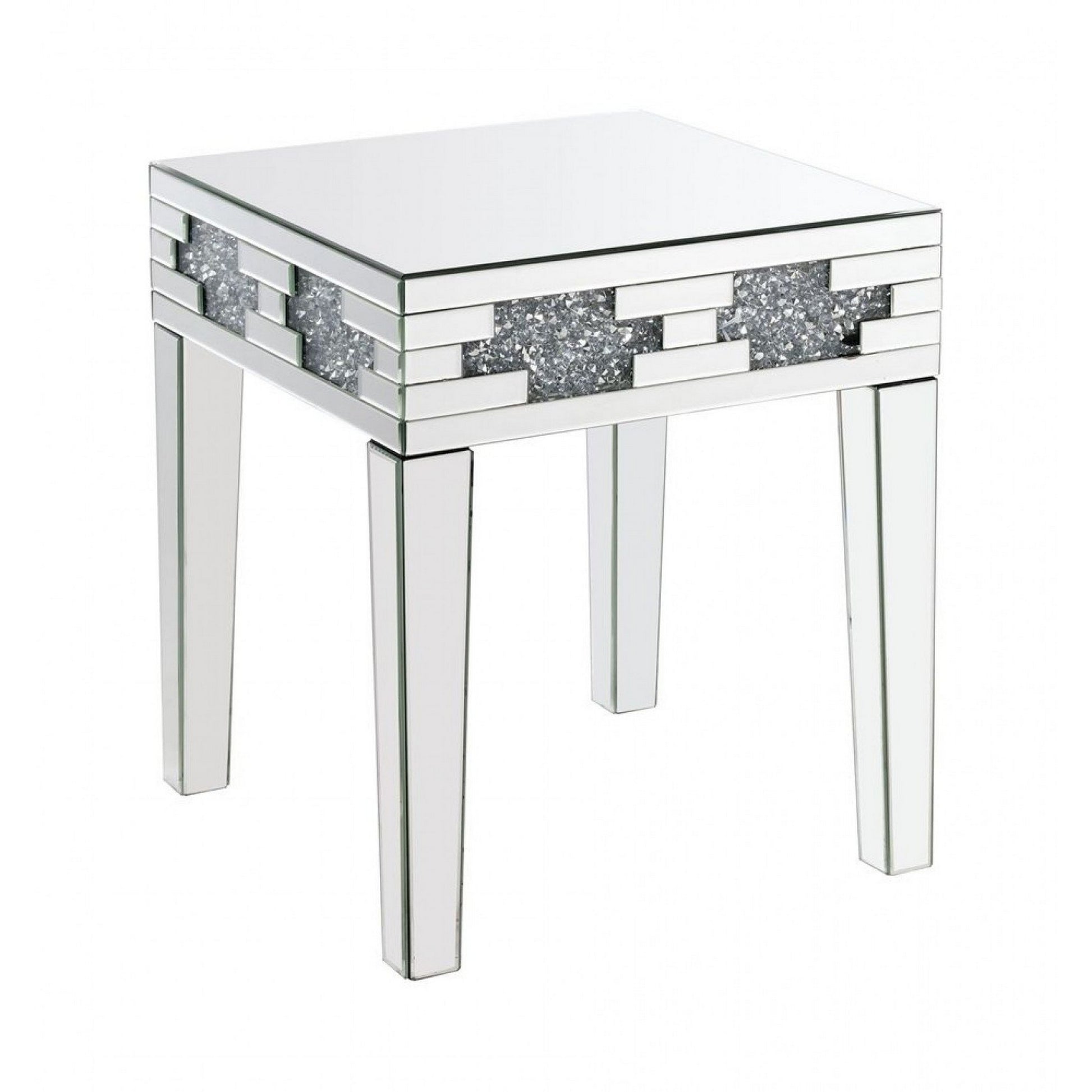 End Table with Mirror Panel Framing and Faux Diamonds, Silver — Chic Home-Decor