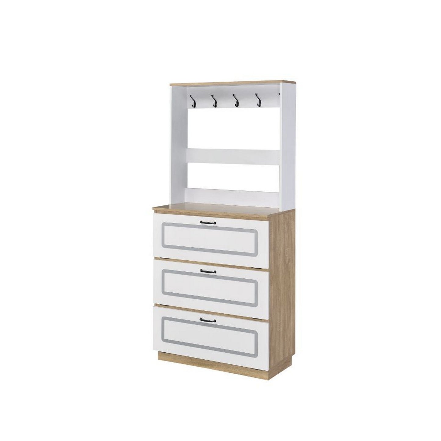 Shoe Cabinet With Storage Drawers and Hooks, White and Brown — Chic Home-Decor