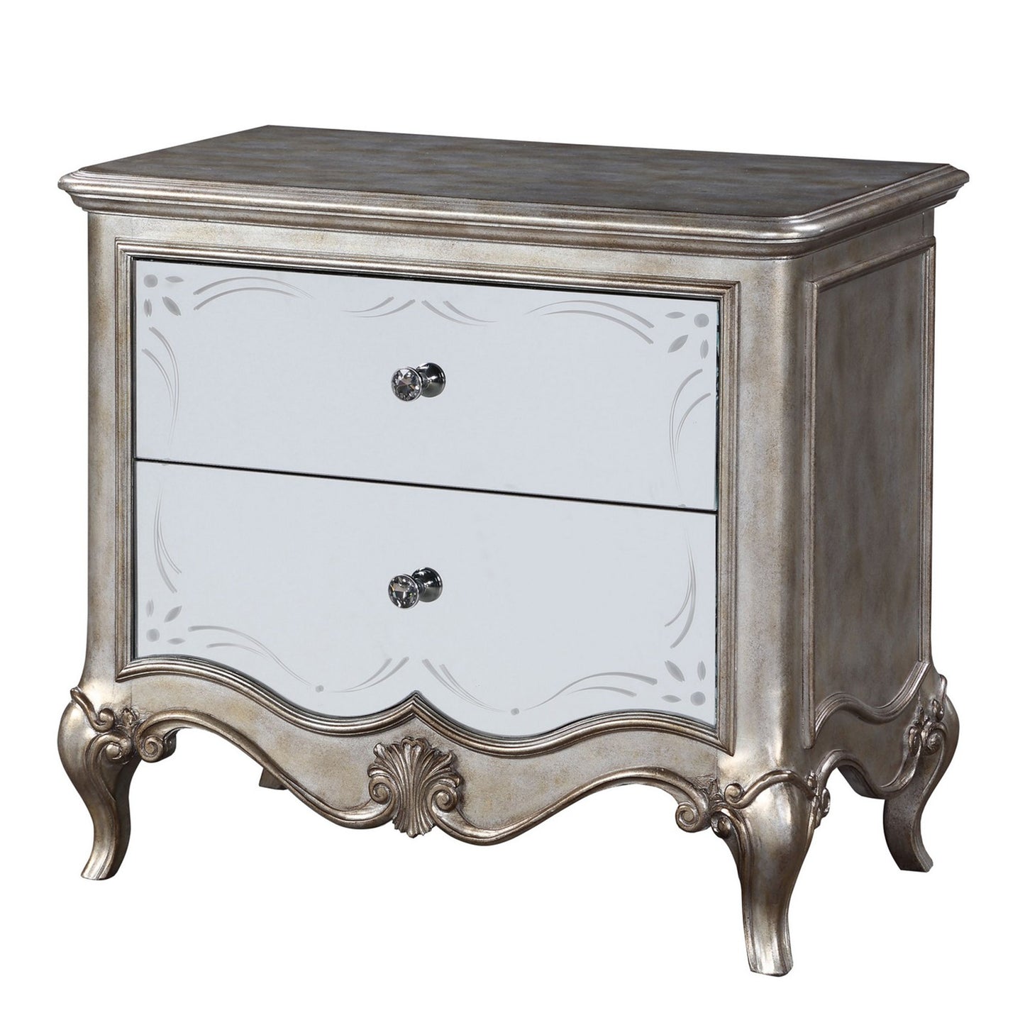 Nightstand with Mirror Front and Molded Trim, Antique Silver — Chic Home-Decor