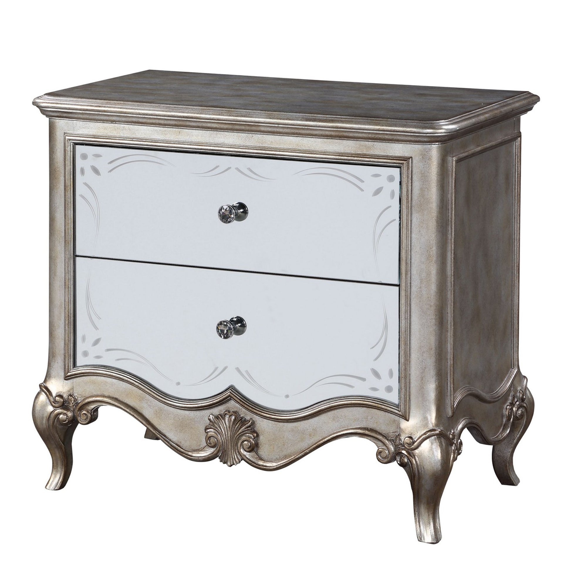 Nightstand with Mirror Front and Molded Trim, Antique Silver — Chic Home-Decor
