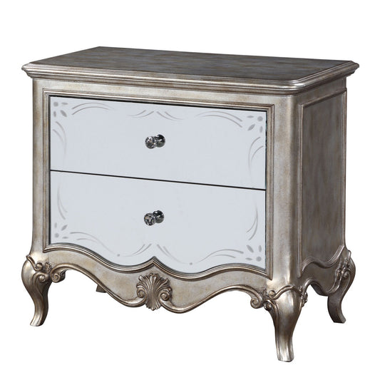 Nightstand with Mirror Front and Molded Trim, Antique Silver — Chic Home-Decor