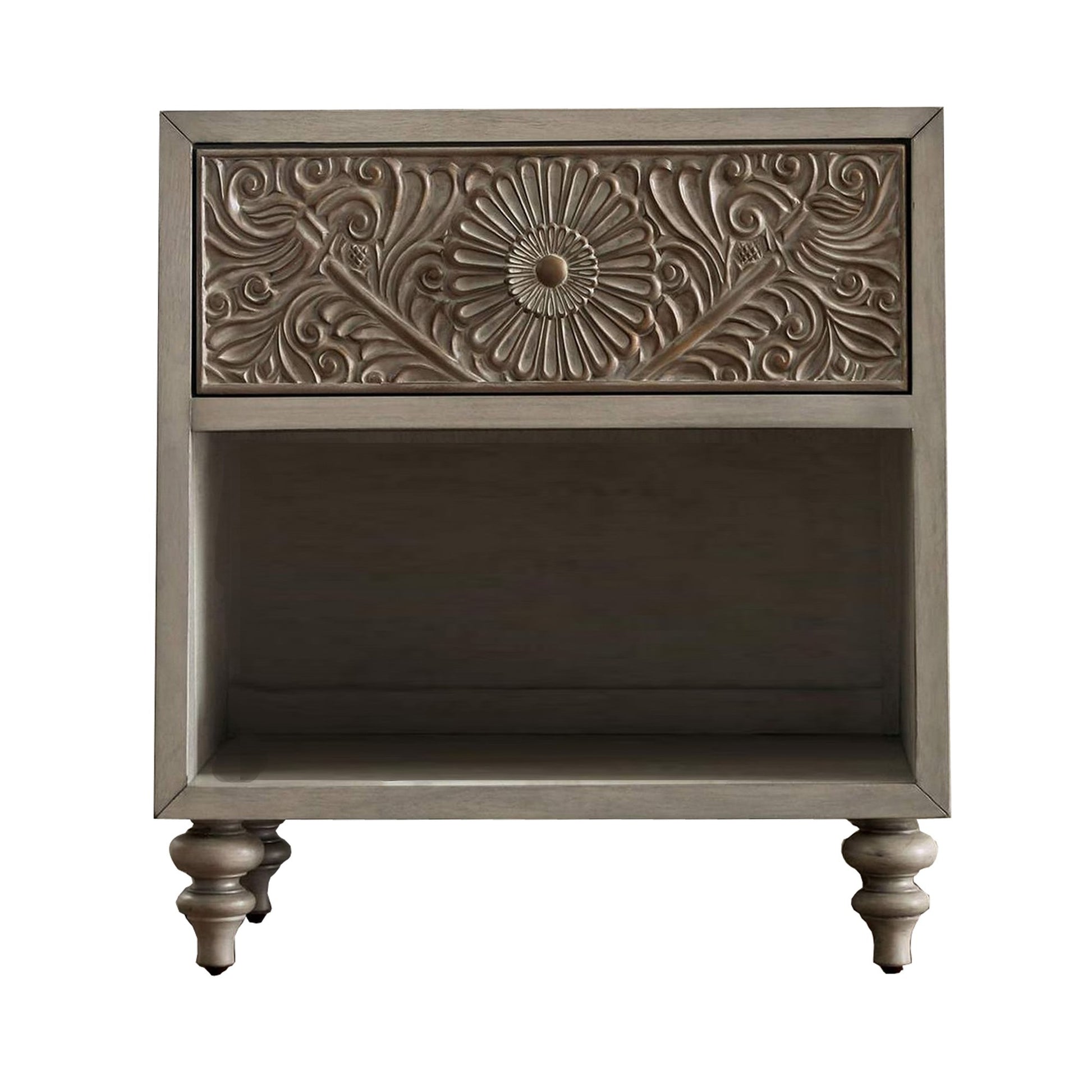 Night Stand with Polyresin Floral Design, Ivory — Chic Home-Decor