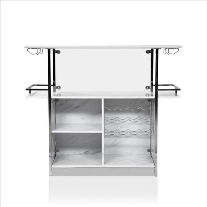 Bar Table with Faux Marble and Chrome Finish, White and Silver