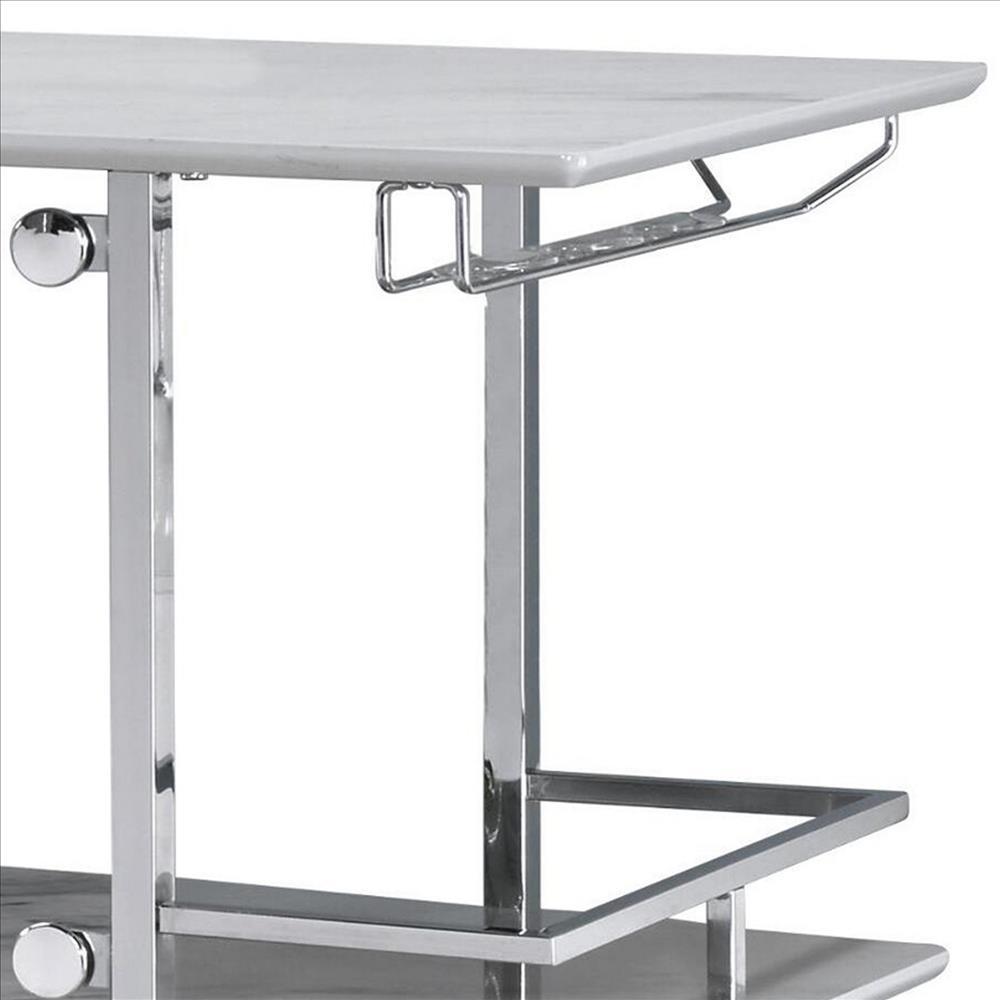 Bar Table with Faux Marble and Chrome Finish, White and Silver