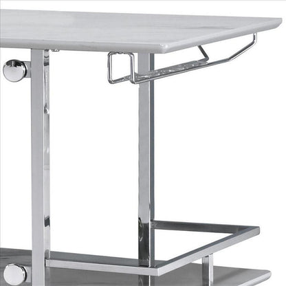 Bar Table with Faux Marble and Chrome Finish, White and Silver