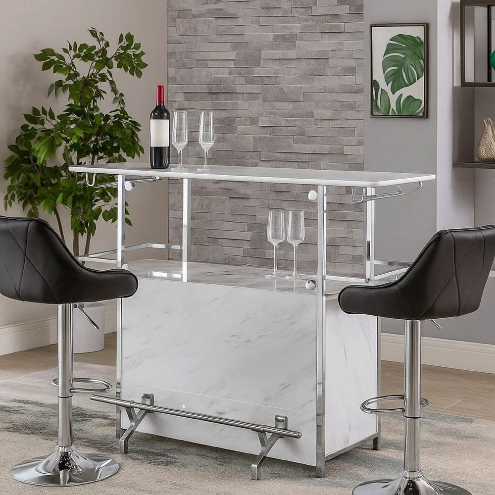 Bar Table with Faux Marble and Chrome Finish, White and Silver