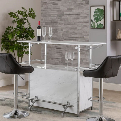 Bar Table with Faux Marble and Chrome Finish, White and Silver