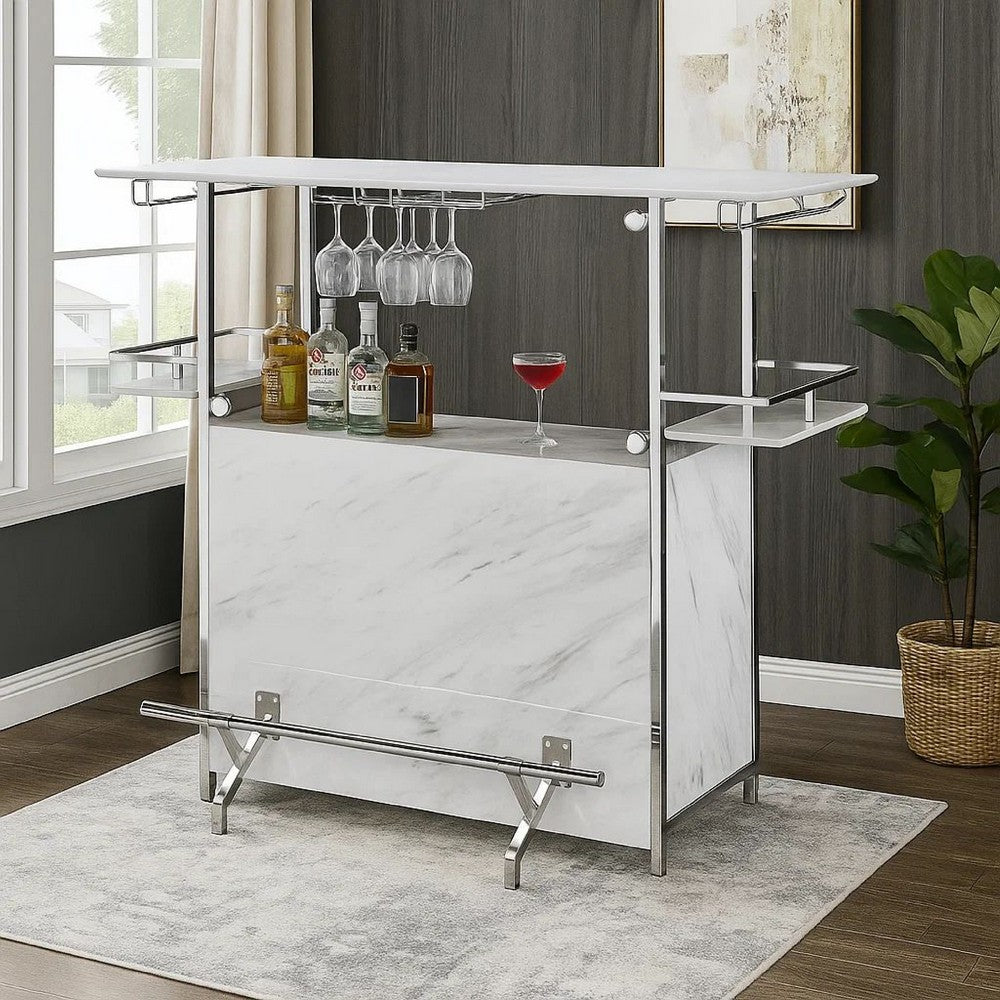 Bar Table with Faux Marble and Chrome Finish, White and Silver