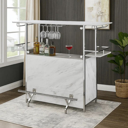 Bar Table with Faux Marble and Chrome Finish, White and Silver