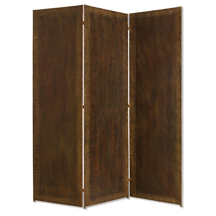 Metal 3-panel screen, brown with textured nub-head border accents