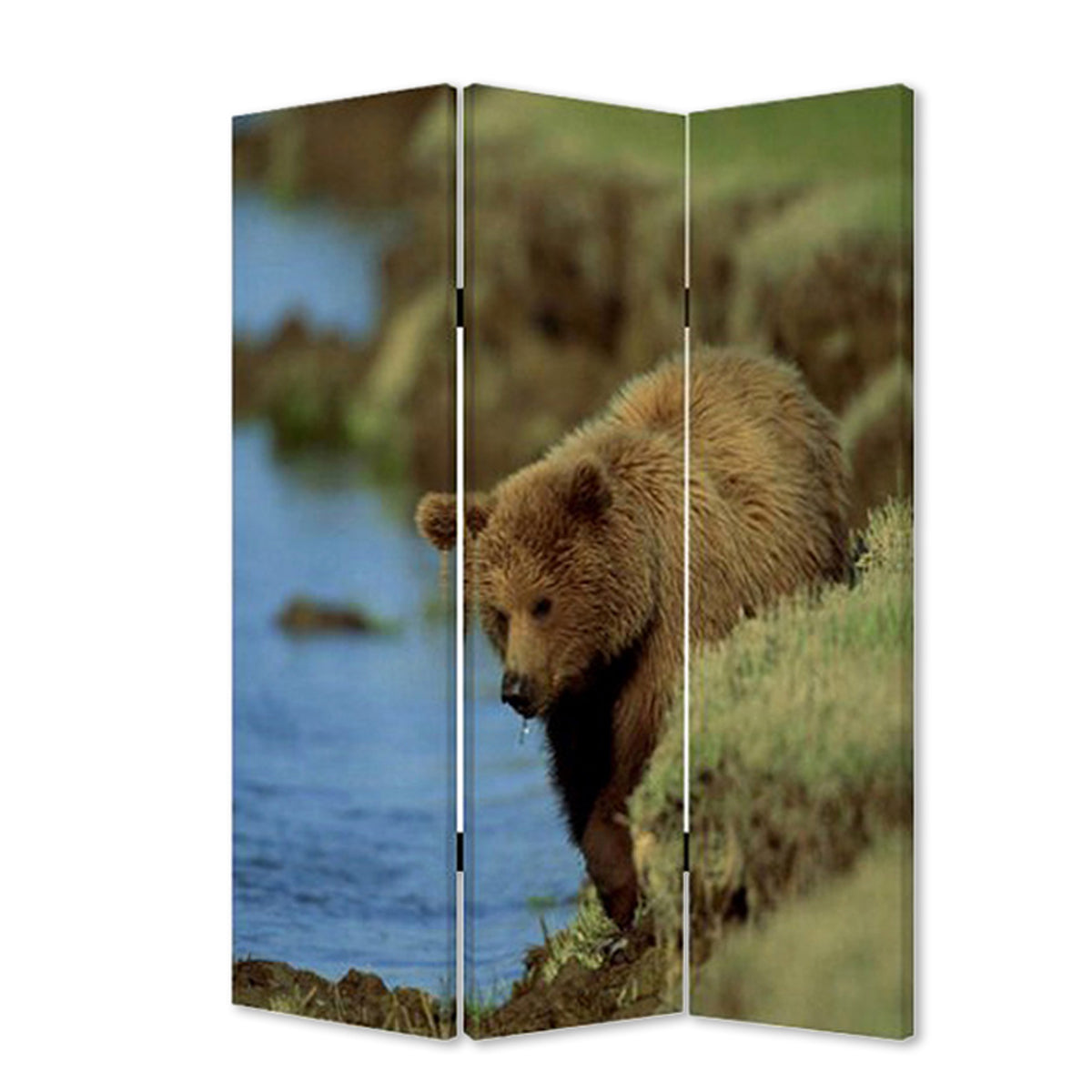 3 Panel Foldable Wooden Screen with Bear Print, Blue and Brown — Chic Home-Decor