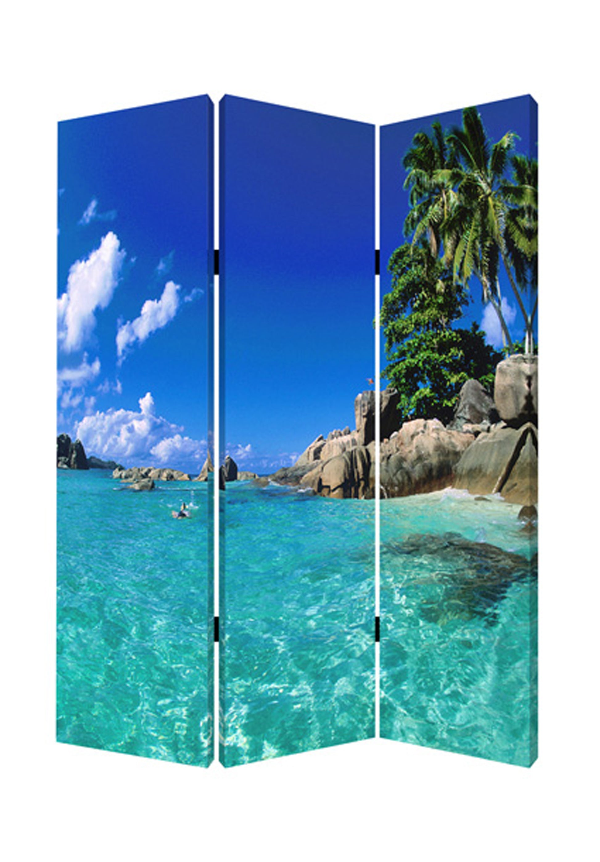 3 Panel Foldable Canvas Screen with Exotic Oceanside Print, Multicolor — Chic Home-Decor