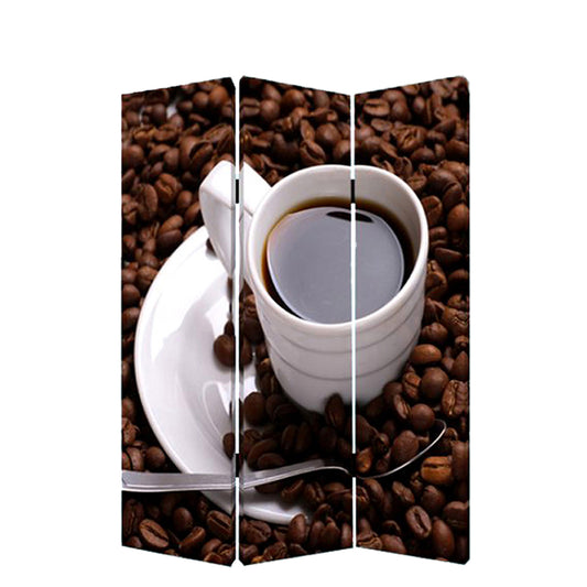 3 Panel Foldable Canvas Screen with Coffee Print, Brown and White — Chic Home-Decor