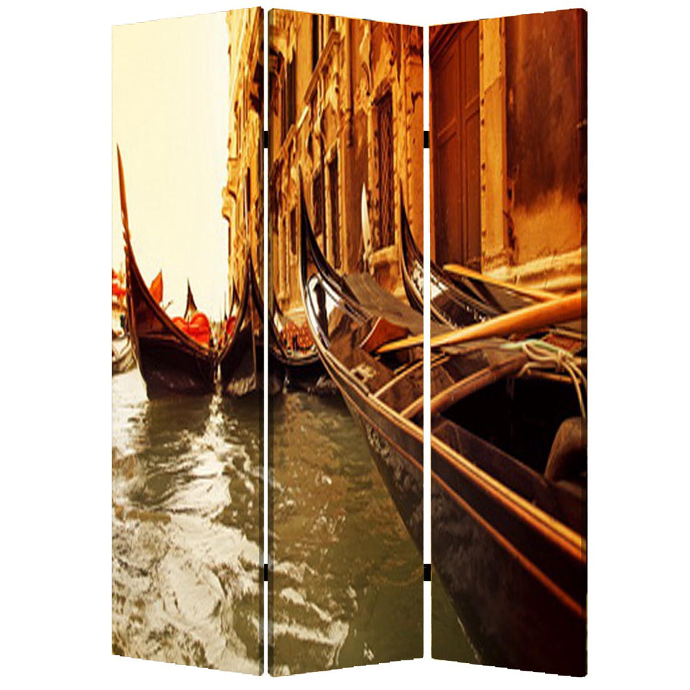Venice Street Printed Foldable Screen with 3 Panels, Brown — Chic Home-Decor