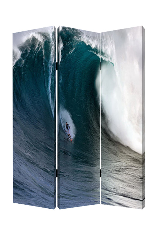 Surfing High Wave Print Foldable Canvas Screen with 3 Panels, Blue — Chic Home-Decor