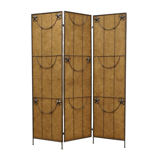 3 Panel Foldable Canvas Grill Screen with Lone Stars, Brown — Chic Home-Decor