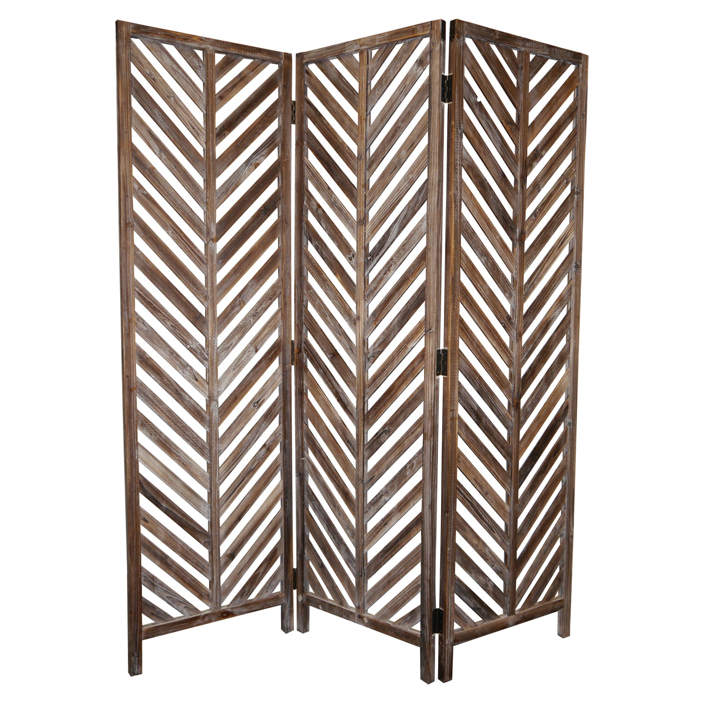 3 Panel Foldable Wooden Screen with Herringbone Pattern, Brown — Chic Home-Decor