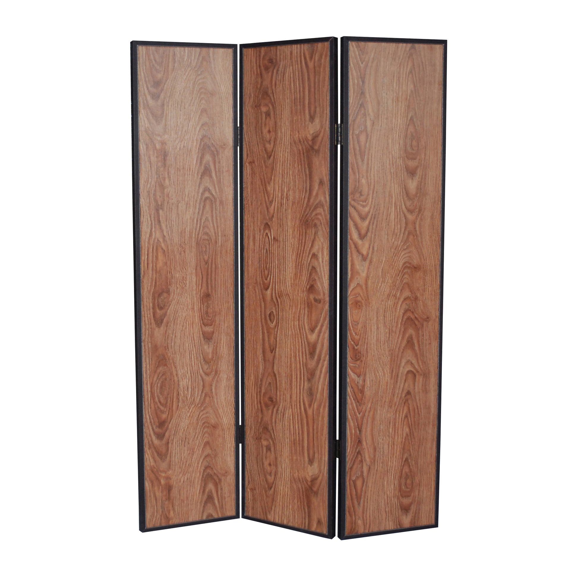 3-panel foldable wooden screen with brown grain panels and black trim