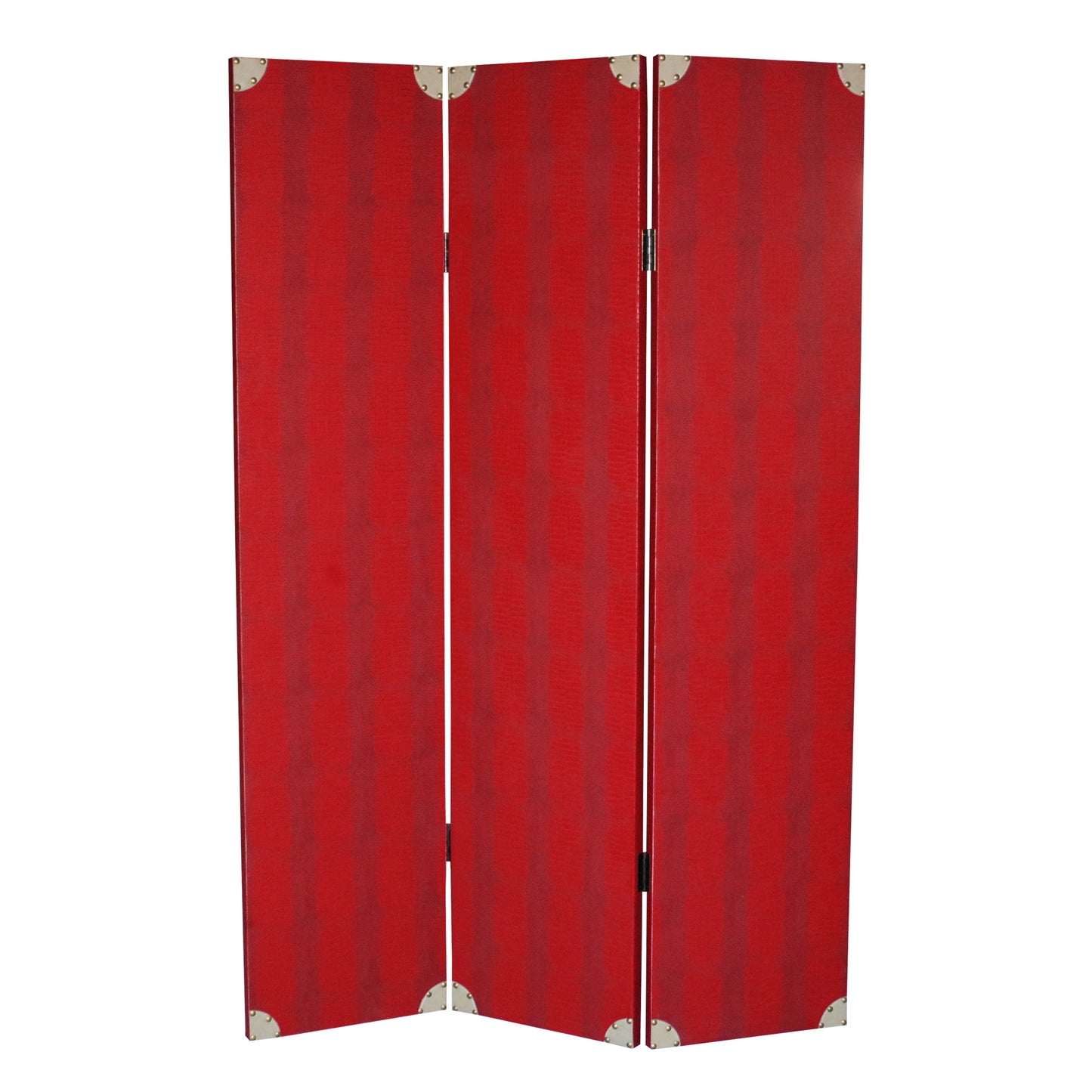 Transitional 3 Panel Wooden Screen with Nailhead Trim, Red — Chic Home-Decor