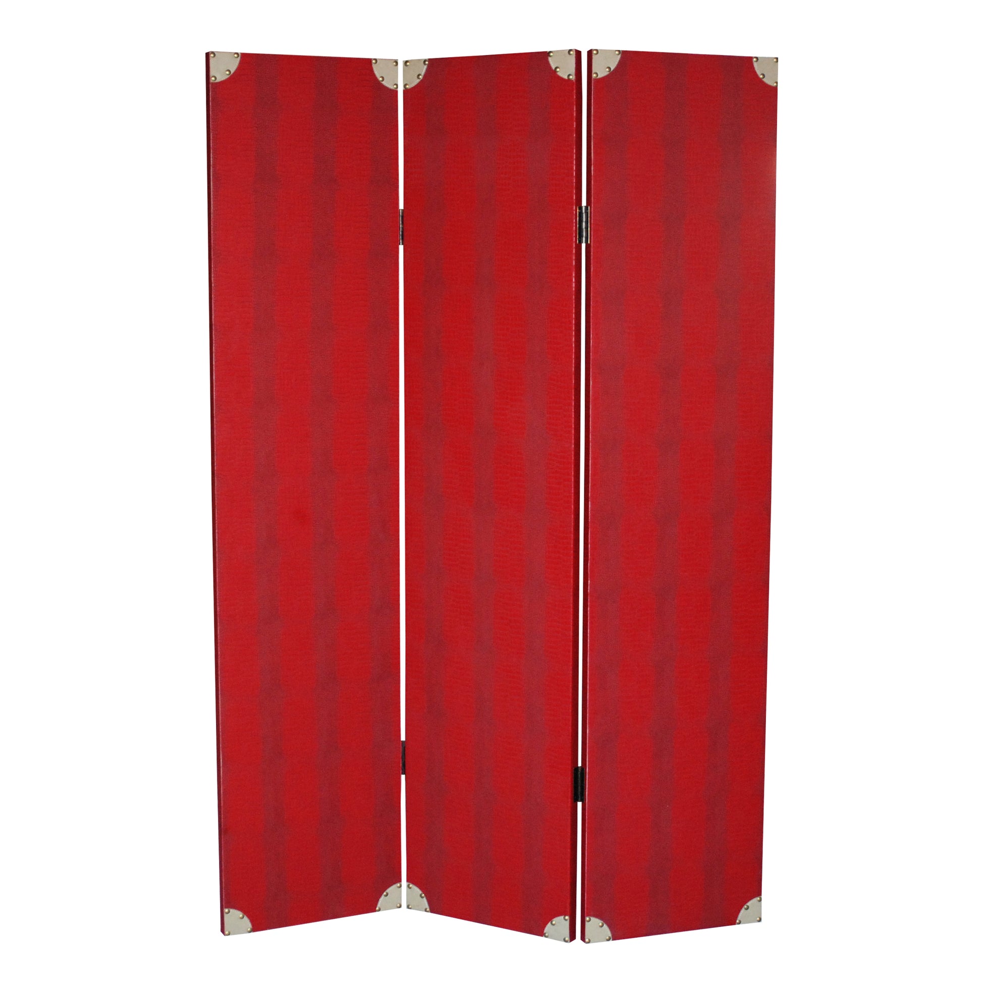 Transitional 3 Panel Wooden Screen with Nailhead Trim, Red — Chic Home-Decor