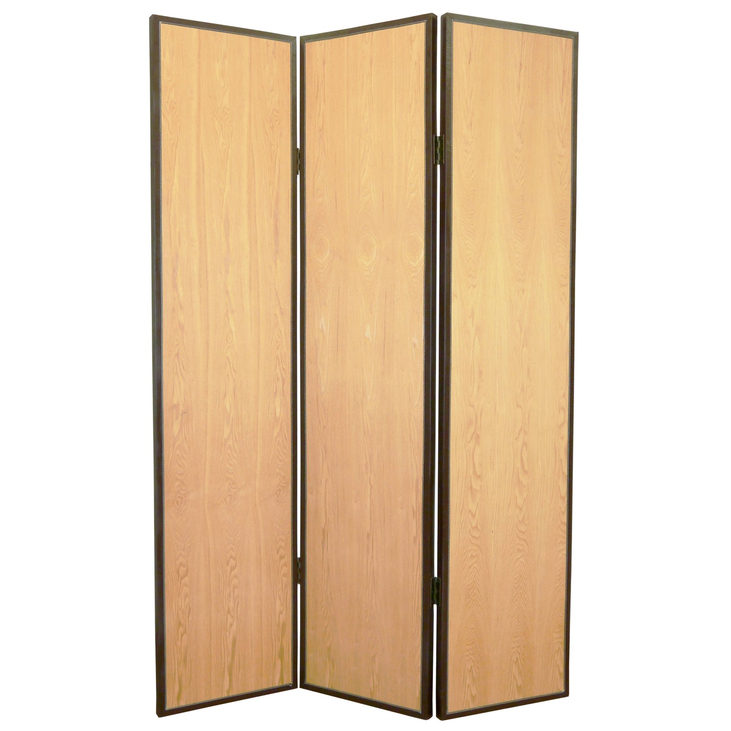 Foldable 3 Panel Wooden Screen with Faux Leather Trim, Brown — Chic Home-Decor