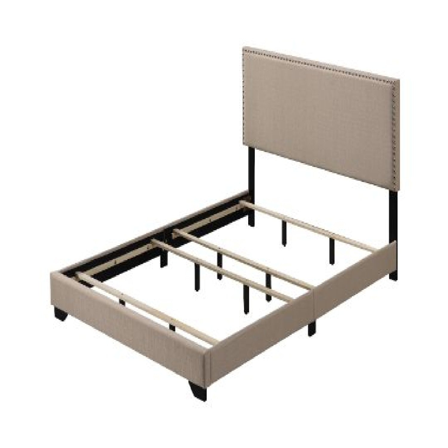 Queen Size Bed with Fabric Upholstery and Nailhead Accent, Beige — Chic Home-Decor