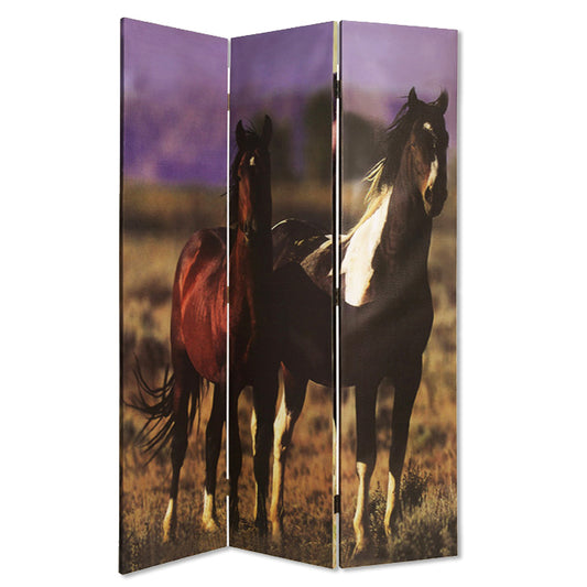 Wooden Screen with Artwork of Horses Galloping, Multicolor — Chic Home-Decor