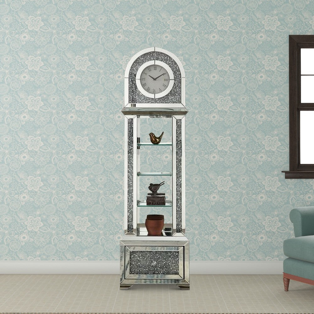 Grandfather Clock with 1 Drawer and Mirror Frame, Silver