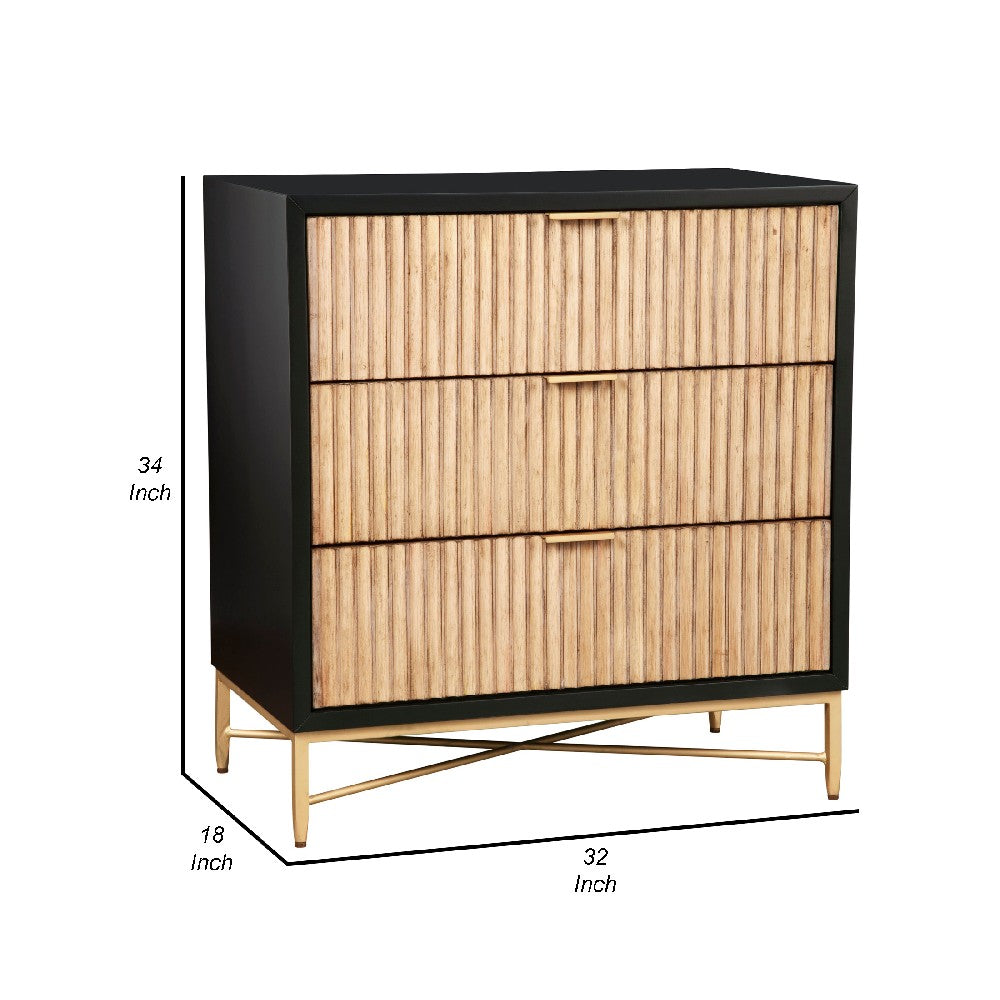 Accent Chest with 3 Corrugated Drawers and Metal Base, Black