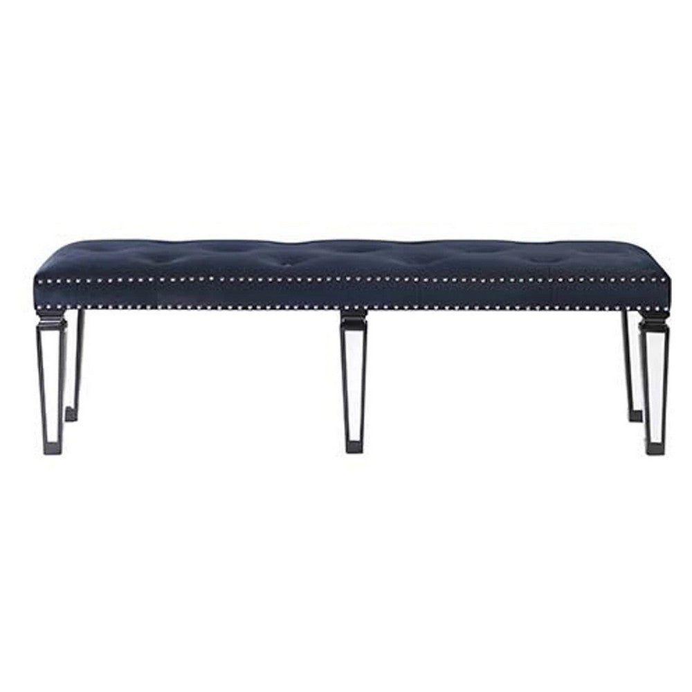 Bench with Button Tufting and Mirror Tapered Legs, Blue