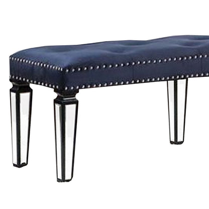 Bench with Button Tufting and Mirror Tapered Legs, Blue