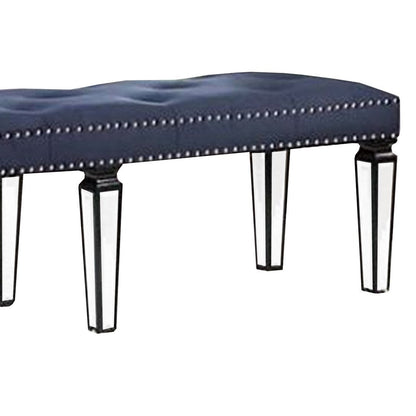 Bench with Button Tufting and Mirror Tapered Legs, Blue