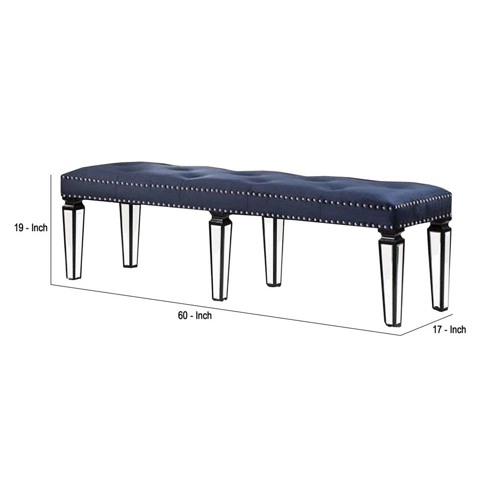 Bench with Button Tufting and Mirror Tapered Legs, Blue