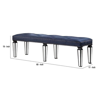 Bench with Button Tufting and Mirror Tapered Legs, Blue