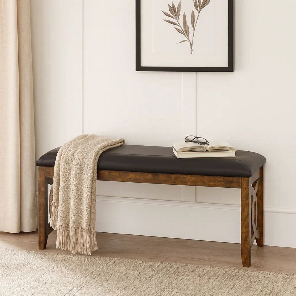 Gary 46 Inch Wood Bench with Leatherette Seat, Brown