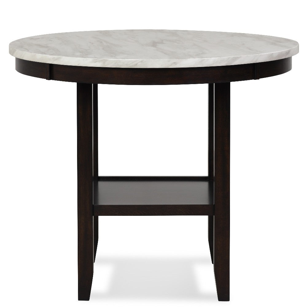 Kate 42 Inch Round Counter Table, Faux Marble Top, White, Espresso