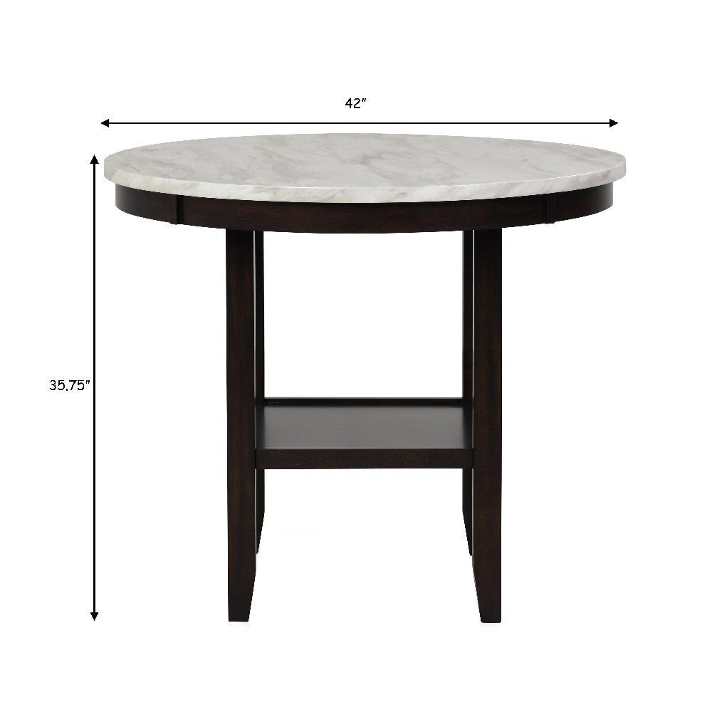 Kate 42 Inch Round Counter Table, Faux Marble Top, White, Espresso