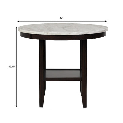 Kate 42 Inch Round Counter Table, Faux Marble Top, White, Espresso