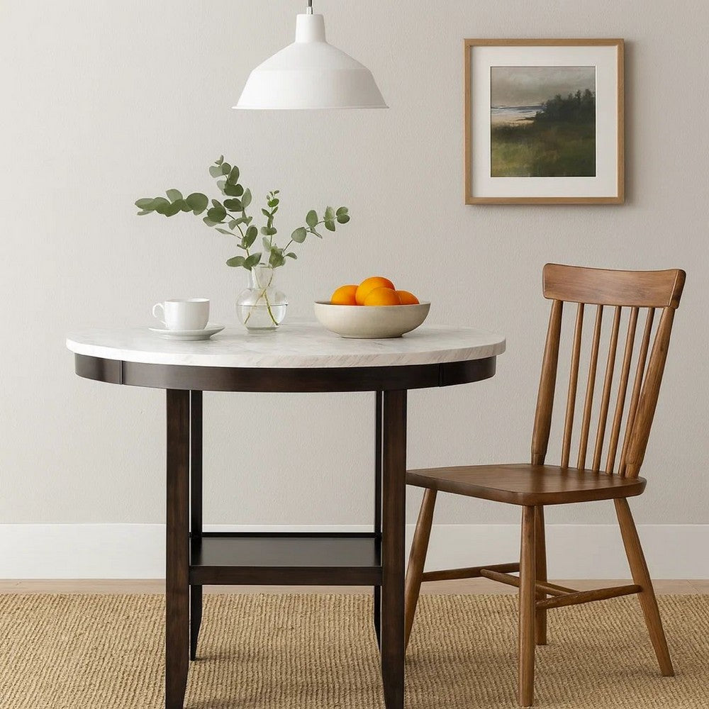Kate 42 Inch Round Counter Table, Faux Marble Top, White, Espresso