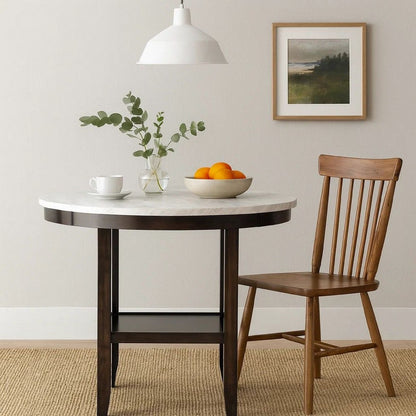 Kate 42 Inch Round Counter Table, Faux Marble Top, White, Espresso