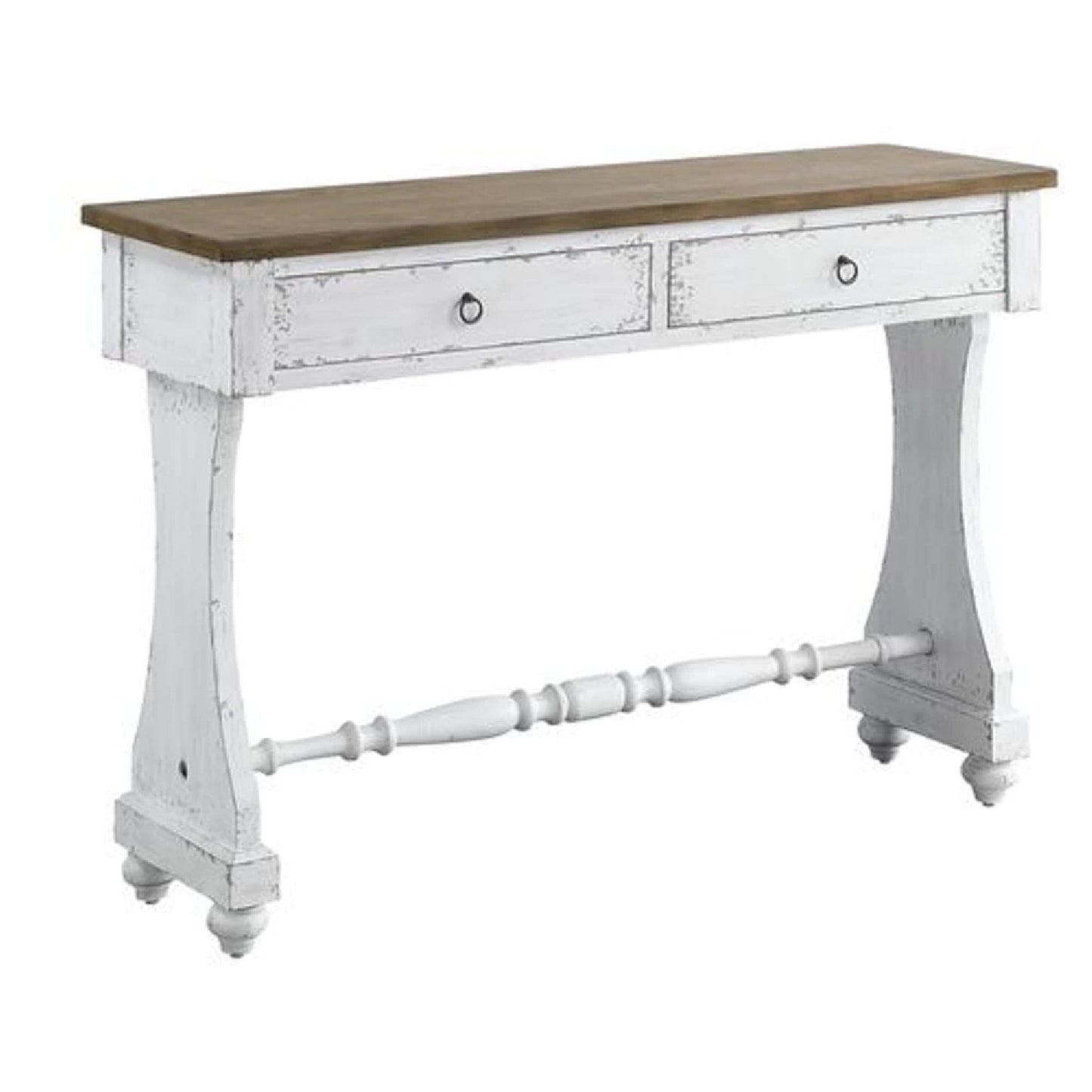 48 Inch 2 Drawer Console Table, Ring Metal Handles, Distressed White — Chic Home-Decor